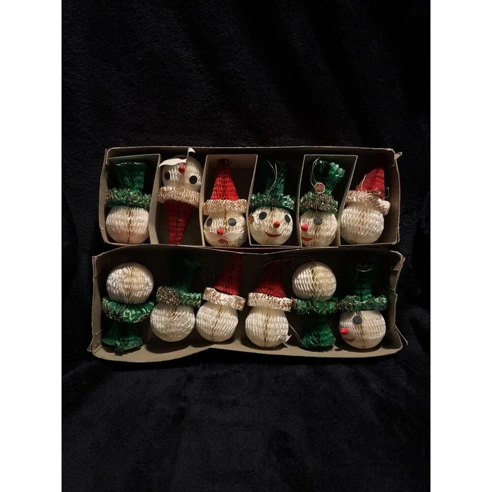 Vintage 1950s Honeycomb Snowmsn & Santa Ornaments 4